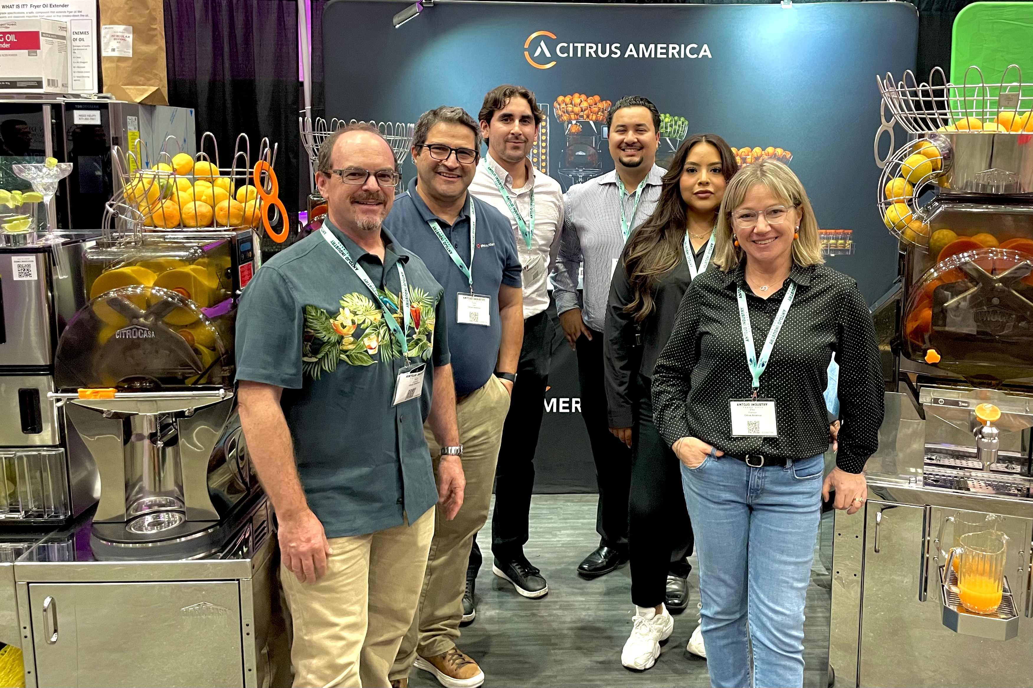 (From right to left: Elke Framson, Susy Estrada, Noa Farrish, Evan Spiva, Frank Liddi, Brian Framson attend the Antojo Industry Expo, Long Beach, California, Oct. 13-14, 2024)