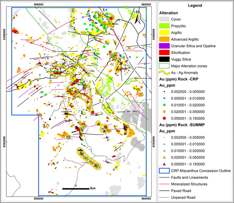 Figure 2: Alteration map outlining the high-sulphidation epithermal Au target areas with anomalous surface rock Au geochemistry. Source: Globetrotters Resource Group 2023 and 2024, author: Manuel Montoya