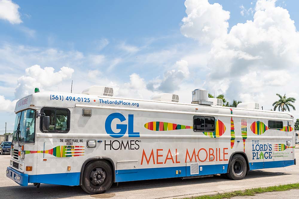 GL Homes Meal Mobile, funded by Misha and Itchko Ezratti's GL Homes, providing meals to homeless communities in Palm Beach County through The Lord's Place initiative.