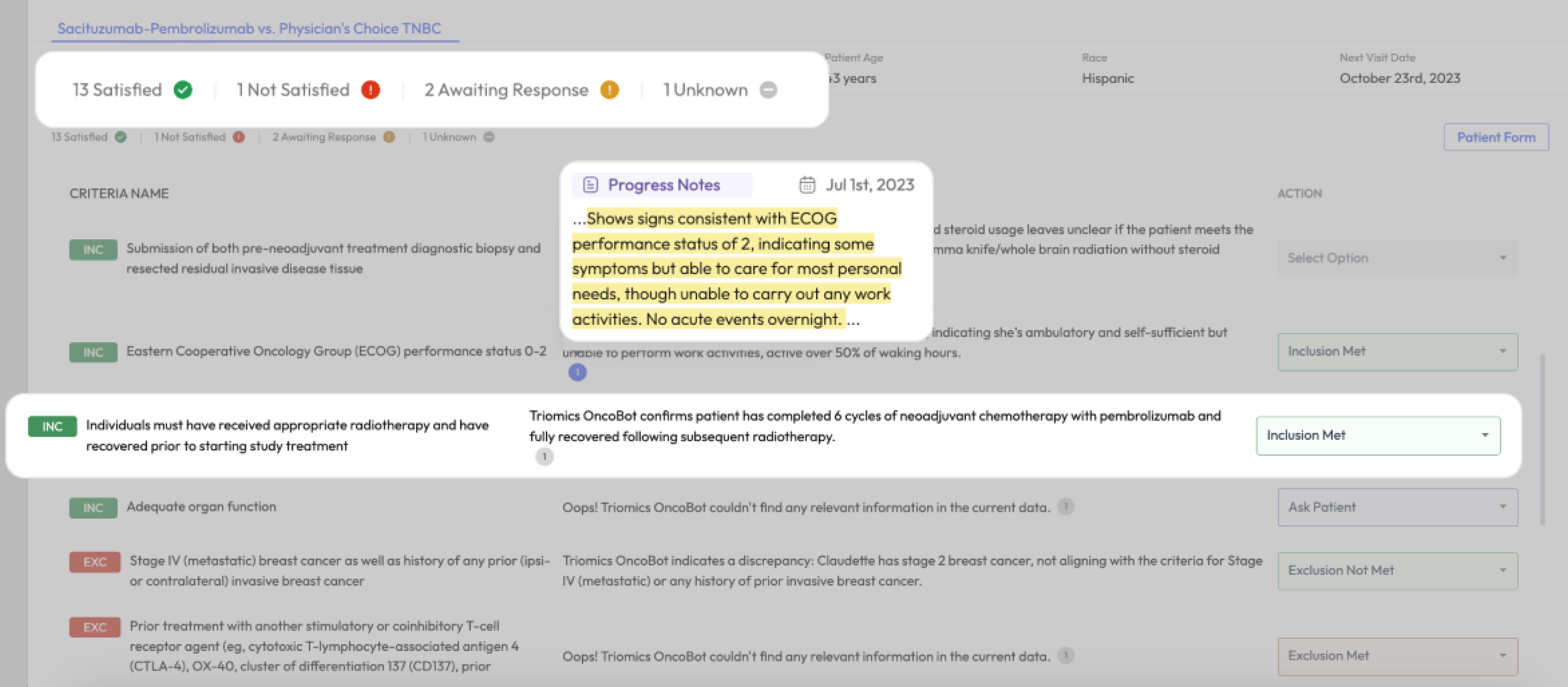 Triomics software automates screening a patient according to a clinical trial's inclusion and exclusion criteria, and citing the medical record as evidence