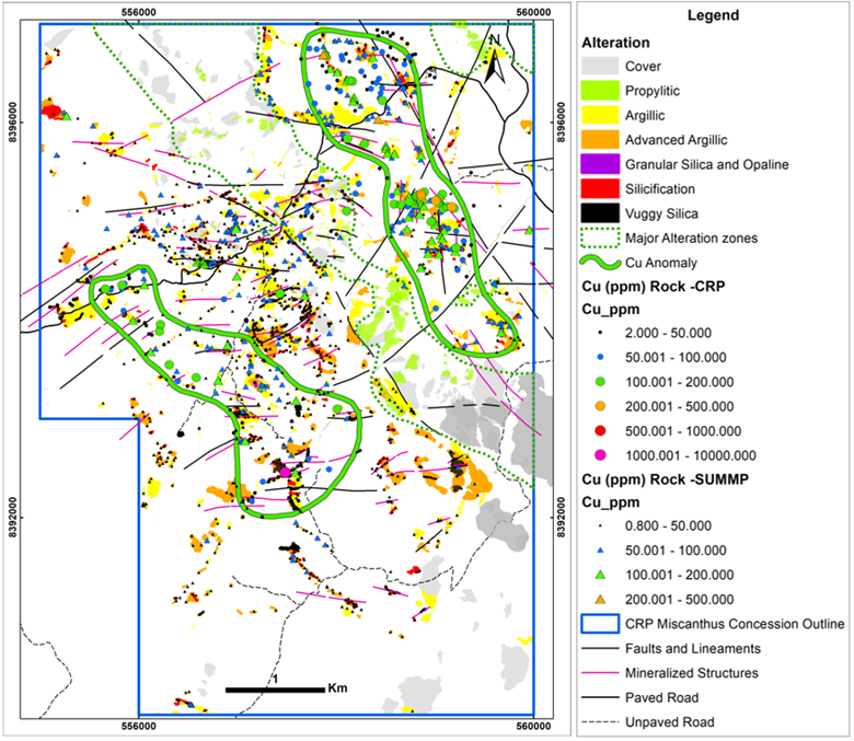 Figure 3: Alteration map outlining the Copper East and Copper SW target areas with anomalous surface rock Cu geochemistry. Source: Globetrotters Resources Group 2023 and 2024, Author: Manuel Montoya